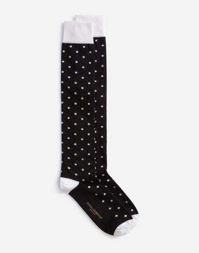 Dolce & Gabbana Stretch Cotton Jacquard Socks With Small Polka-dots In Black/white