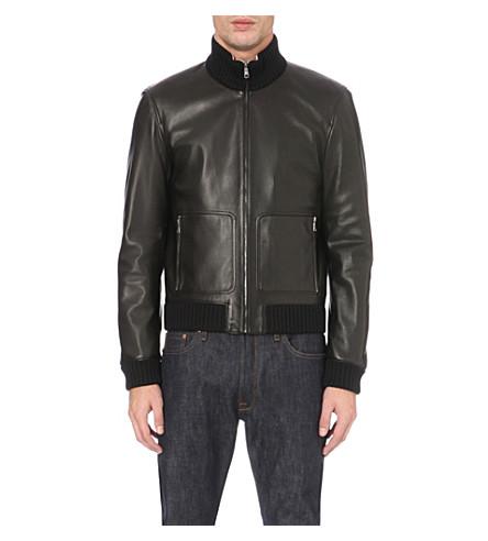 Gucci Ribbed-trim Leather Jacket In Black | ModeSens