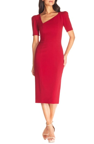 Dress The Population Ruth Asymmetrical Neck Midi Dress In Garnet