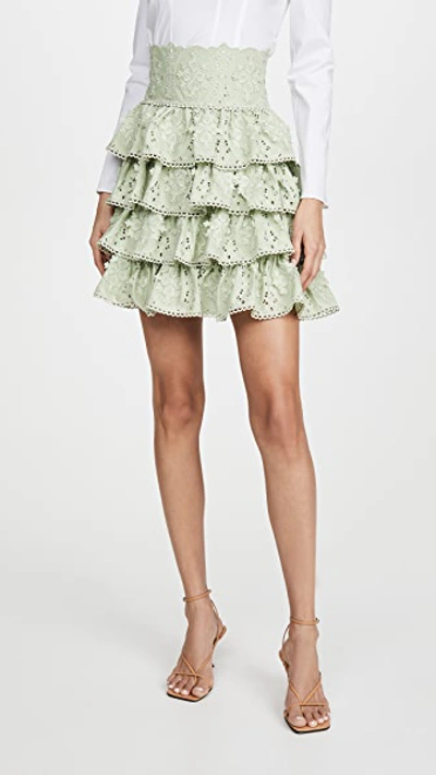 Costarellos Silk Chiffon Miniskirt With Ruffled Cotton Guipure In Green Tea