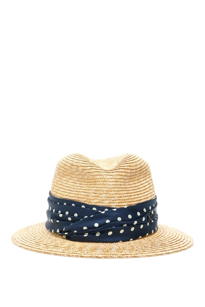 Maison Michel Bobbie Straw Hat In Beige,blue