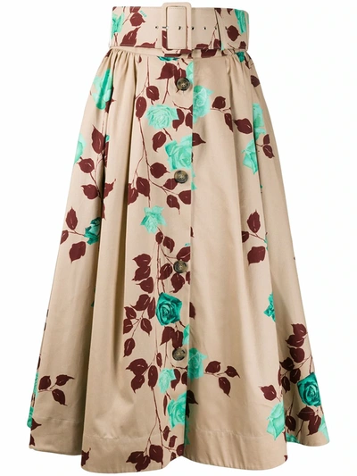 Msgm Floral Print Belted Midi Skirt In Neutrals