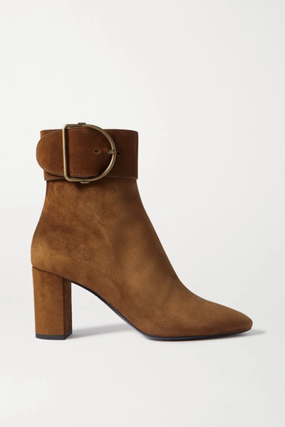 Saint Laurent Charlie Buckled Suede Ankle Boots In Brown