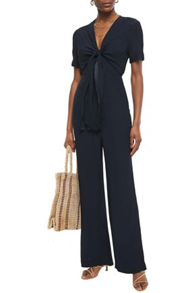 Sandro Duckie Knotted Crinkled Satin-jacquard Jumpsuit In Midnight Blue