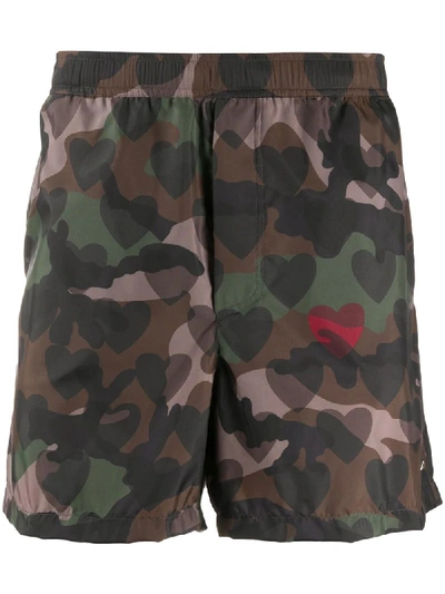 Valentino Rockstud Camouflage Heart-print Swim Shorts In Black