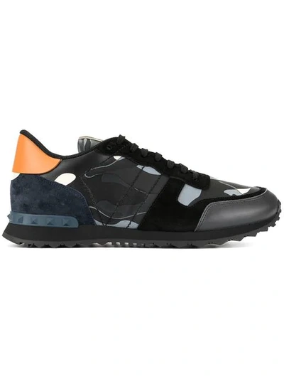 Valentino Garavani Rockrunner Camouflage Suede And Leather Trainers In Black,blue