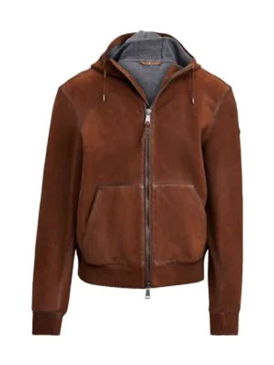 Polo Ralph Lauren Henson Nubuck Leather Full-zip Hoodie In Brown