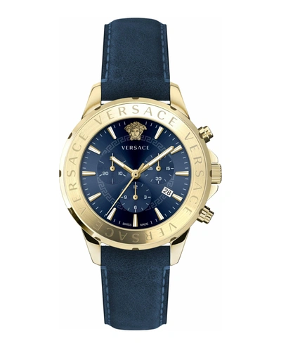Versace Men's Chrono Signature Goldtone Stainless Steel Leather Strap Watch In Blue