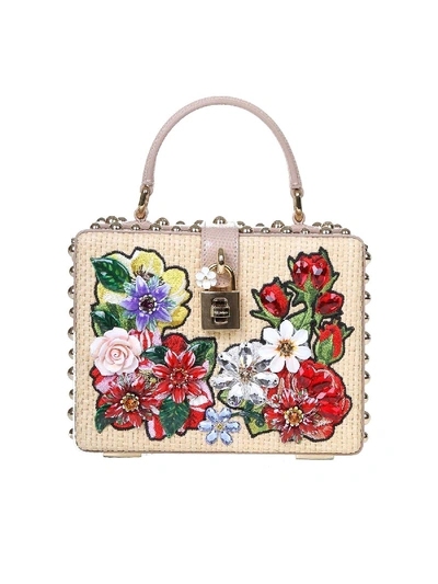 Dolce & Gabbana Handbag Box In Raffia And Leather With Floral Details In Beige