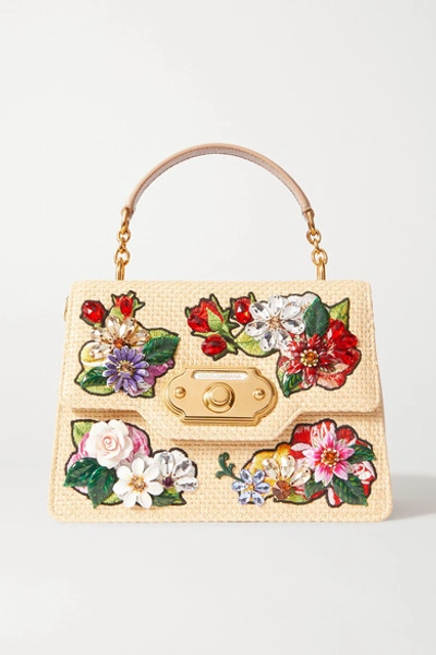 Dolce & Gabbana Welcome Handbag In Raffia And Leather With Floral Details In Neutrals