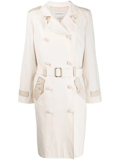 Pre-owned Saint Laurent Faux-pearl Buttons Trenchcoat In Neutrals