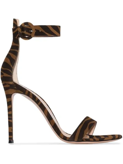 Gianvito Rossi Black Brown Portofino 105 Zebra Print Suede Sandals