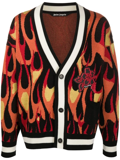 Palm Angels Fire-jacquard V-neck Cardigan In Blackmulticolor 