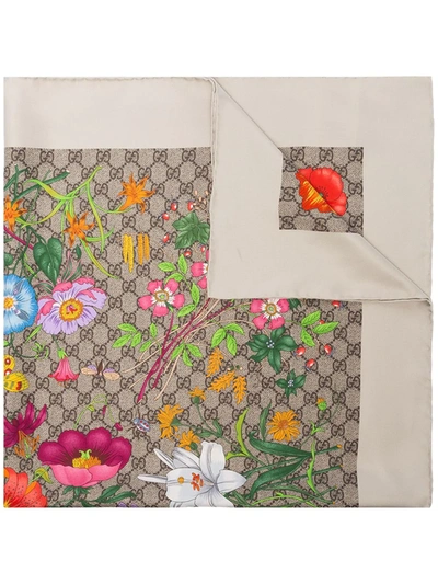 Gucci Gg Flora Print Silk-blend Scarf In Neutrals
