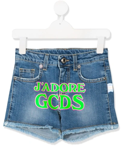 Gcds Teen Denim J'adore Print Shorts