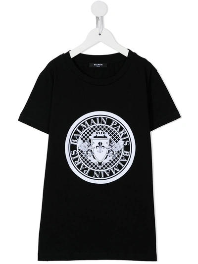 Balmain Kids' Medallion Logo Print T-shirt In Black