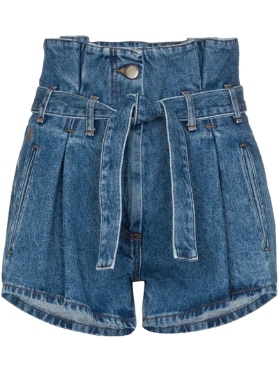 Attico Paperbag-waist Pleated Denim Shorts In Blue