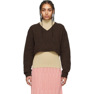Acne Studios Brown Wool Cropped V-neck Sweater In Dark Brown