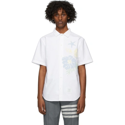 Thom Browne Floral Applique Cotton Oxford Shirt In White