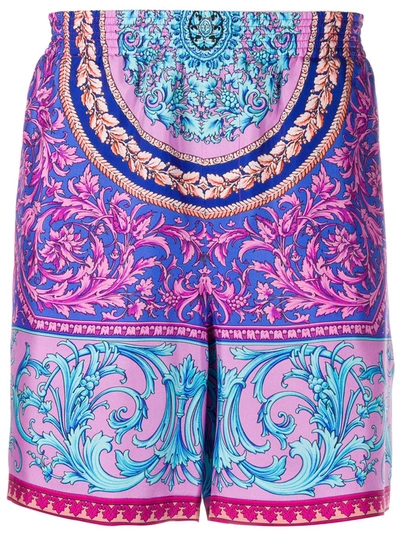 Versace Baroque-print Silk-twill Shorts In Blue