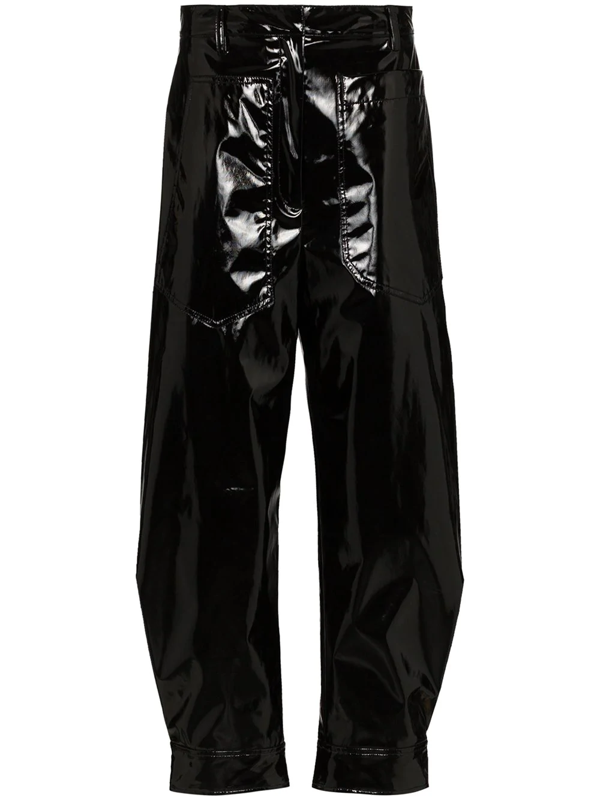 patent black trousers