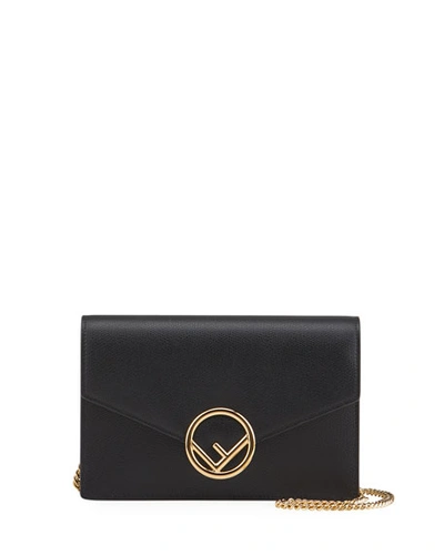 Fendi F Logo Medium Leather Wallet On A Chain In Black