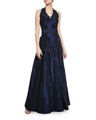 Rene Ruiz Taffeta Halter Ball Gown In Navy