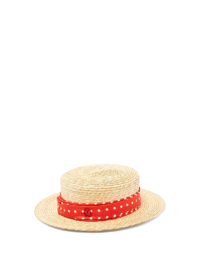 Maison Michel Kiki Polka-dot Band Straw Hat In Beige,red