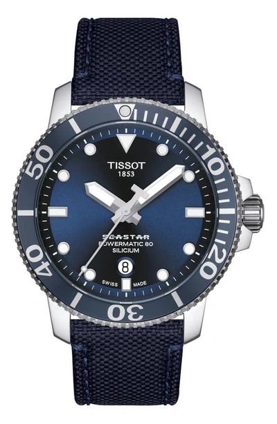 Tissot Men's Swiss Automatic T-sport Seastar 1000 Powermatic 80 Silicium Blue Fabric Strap Diver Watch 43mm