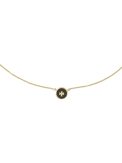 Tory Burch Women's Kira 18k-gold-plated & Enamel Logo Pendant Necklace In Black/gold