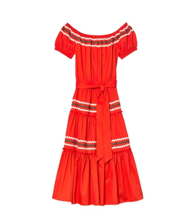 Tory Burch Belted Rickrack-trimmed Cotton-poplin Midi Dress In Red