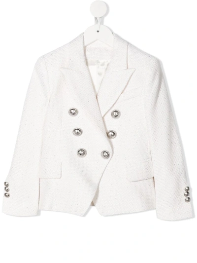 Balmain Kids' Sequin-embellished Double-breasted Blazer In White