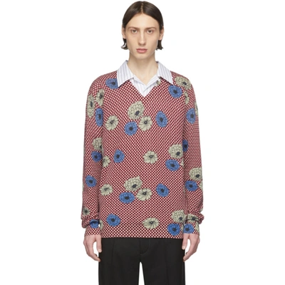 Marni Floral Print V Neck Cotton Knit Sweater In Red