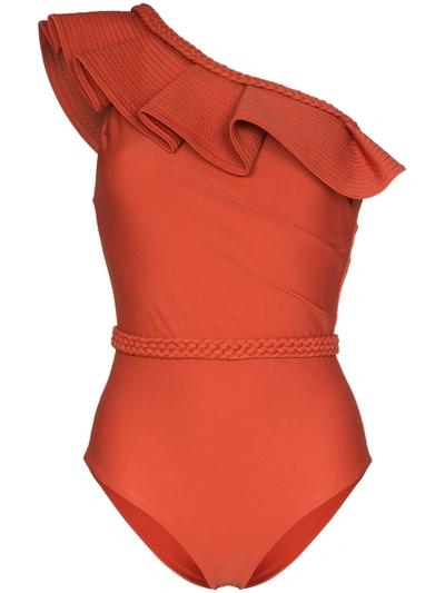 Johanna Ortiz Love Afair One Shoulder Ruffled Swimsuit In Paprika Red