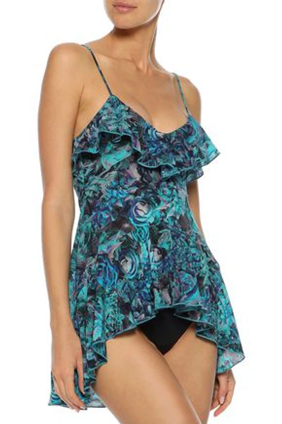 La Perla Petal Storm Ruffled Floral-print Stretch-silk Chemise In Teal