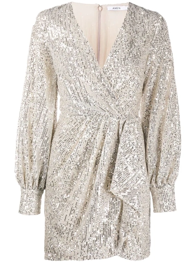 Amen Sequined Wrap-style Cocktail Dress In Silver