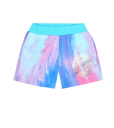Versace Kids' Tie Dyed Cotton Sweat Shorts In Blue