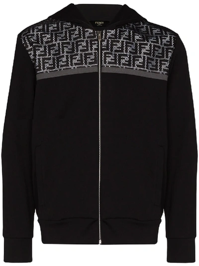 Fendi Reflective Logo Panel Zipped Hoodie In Black