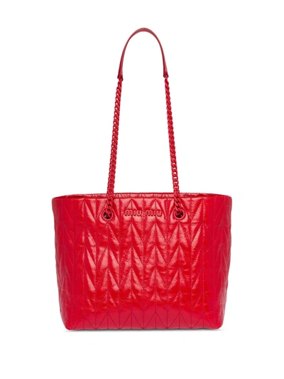 Miu Miu Quilted Shine Calfskin Tote Bag In Rosso (red)