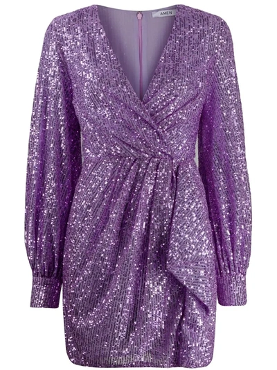 Amen Sequinned Wrap Mini Dress In Purple