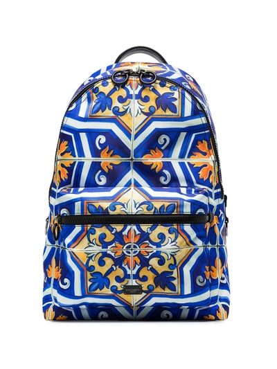 Dolce & Gabbana Maiolica Print Nylon Backpack In Blue