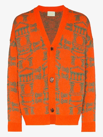 Aries Column Intarsia Knit Cardigan In Orange