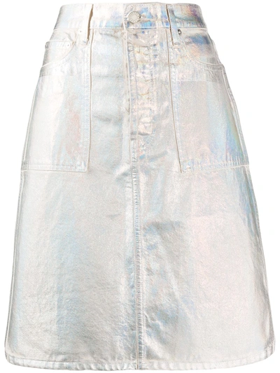 Helmut Lang Factory Metallic Denim Skirt In Silver/ Ecru