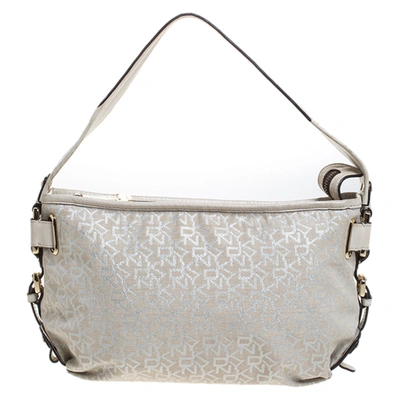 Pre-owned Dkny Ivory Signature Fabric And Leather Shoulder Bag In White