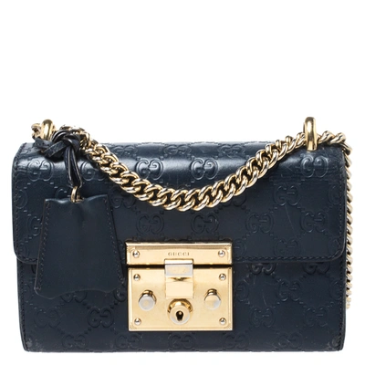 Pre-owned Gucci Ssima Leather Small Padlock Shoulder Bag In Navy Blue