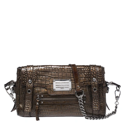 Pre-owned Dolce & Gabbana Brown Croc Embossed Patent Leather Miss Easy Way Shoulder Bag