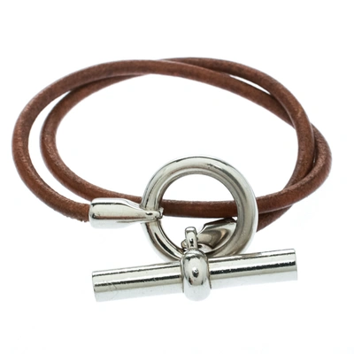 Pre-owned Hermes Glenan Brown Leather Double Wrap Toggle Bracelet