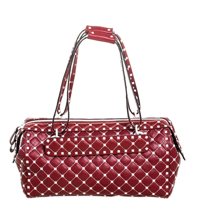 Pre-owned Valentino Garavani Red Quilted Leather Rockstud Boston Bag