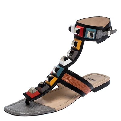 Pre-owned Fendi Multicolor Leather And Lizard Embossed Studded Ankle Cuff Flat Sandals Size 37.5