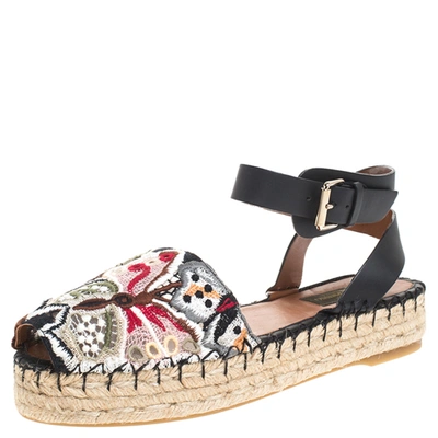 Pre-owned Valentino Garavani Multcolor Camubutterfly Lace And Leather Platform Espadrilles Size 38 In Multicolor
